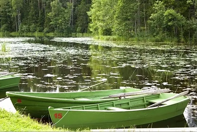Laivas pie ūdensrozēm pārklāta ezera