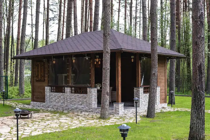 Lapene priežu mežā ar akmens celiņu